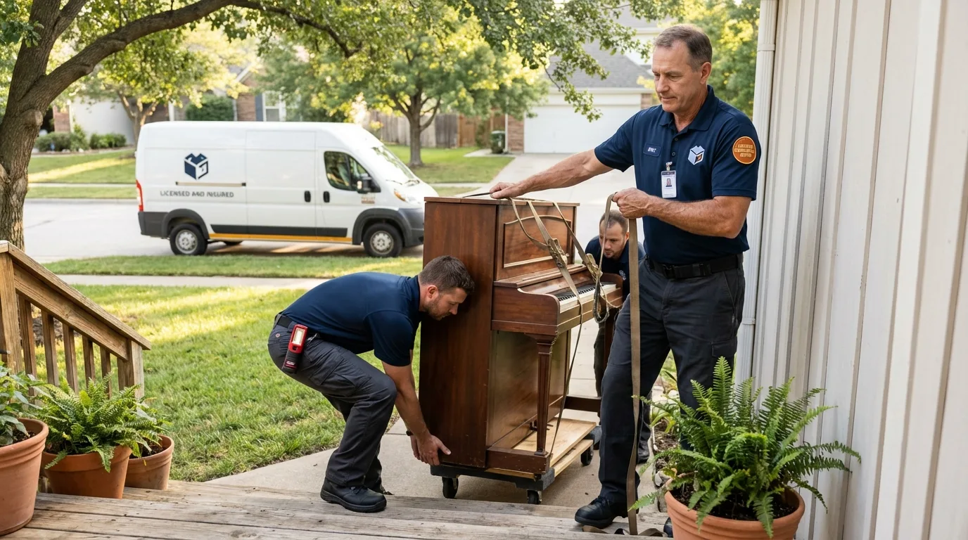 Licensed piano movers securing grand piano in Taylor, PA