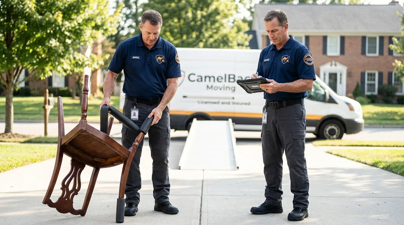 Movers inspecting furniture for damage prevention before loading in Taylor, PA