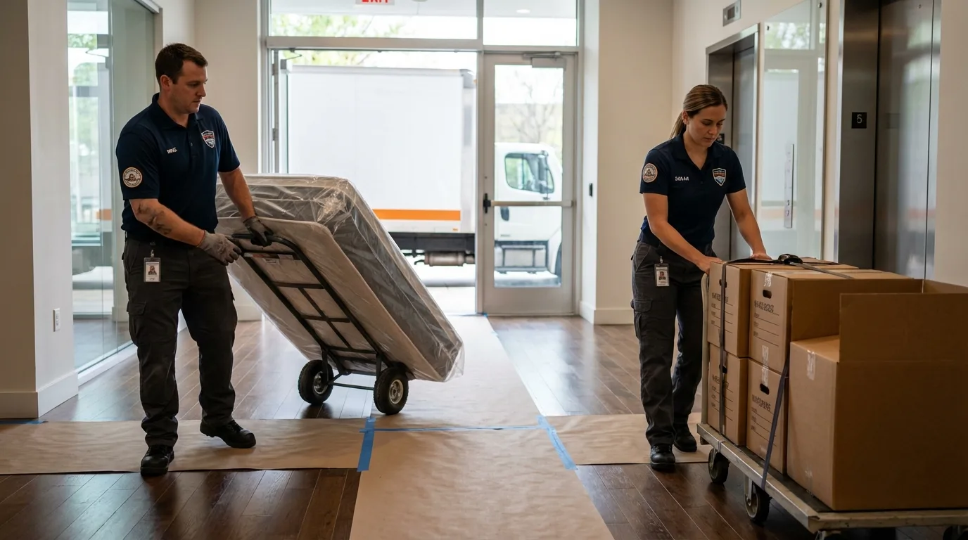 Professional apartment movers loading elevator in Taylor, PA